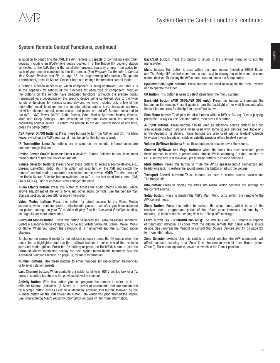 System remote control functions, continued | Harman-Kardon AVR 365 User Manual | Page 9 / 62