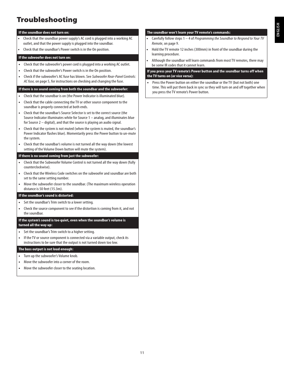 Troubleshooting | Harman-Kardon SB15/230 User Manual | Page 11 / 12