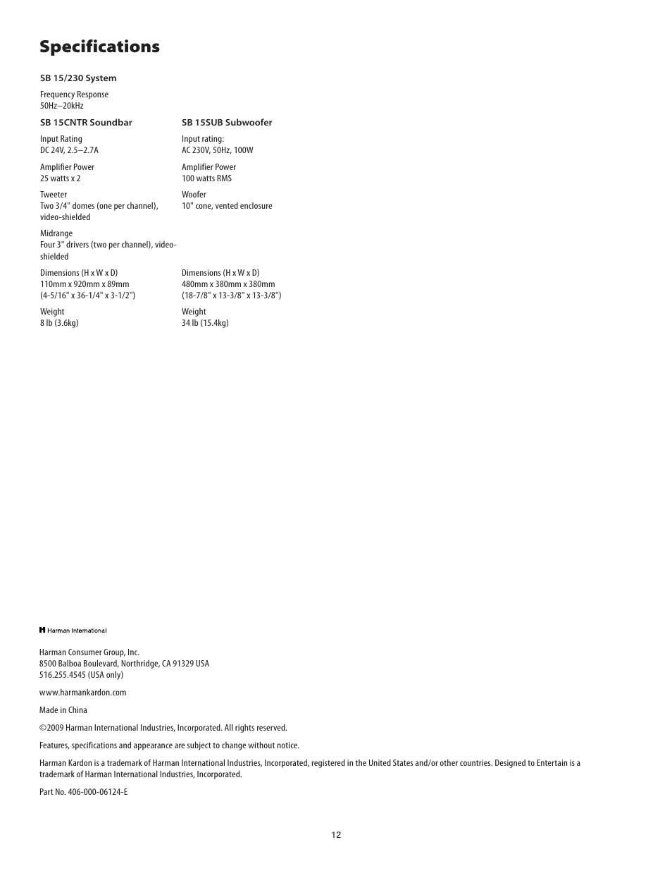 Specifications | Harman-Kardon SB15/230 User Manual | Page 12 / 12