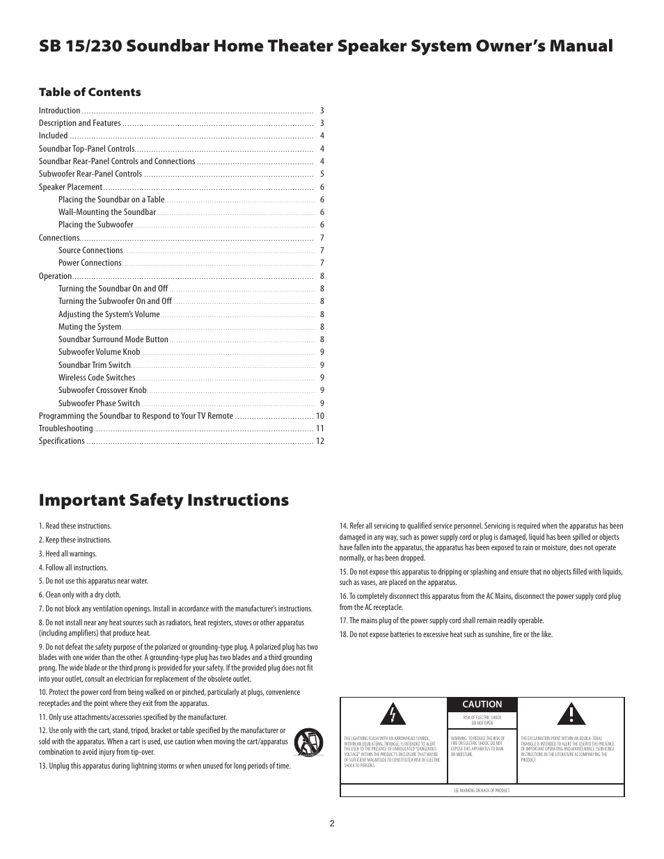 Harman-Kardon SB15/230 User Manual | Page 2 / 12