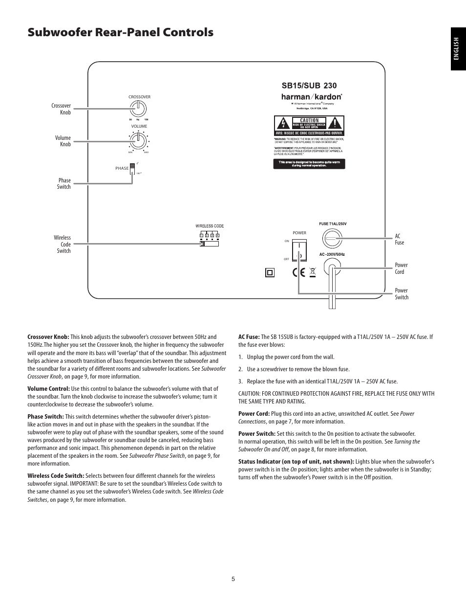 Subwoofer rear-panel controls | Harman-Kardon SB15/230 User Manual | Page 5 / 12