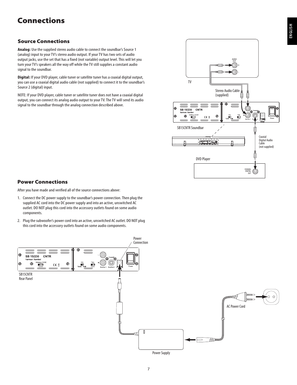 Connections, Source connections, Power connections | Harman-Kardon SB15/230 User Manual | Page 7 / 12