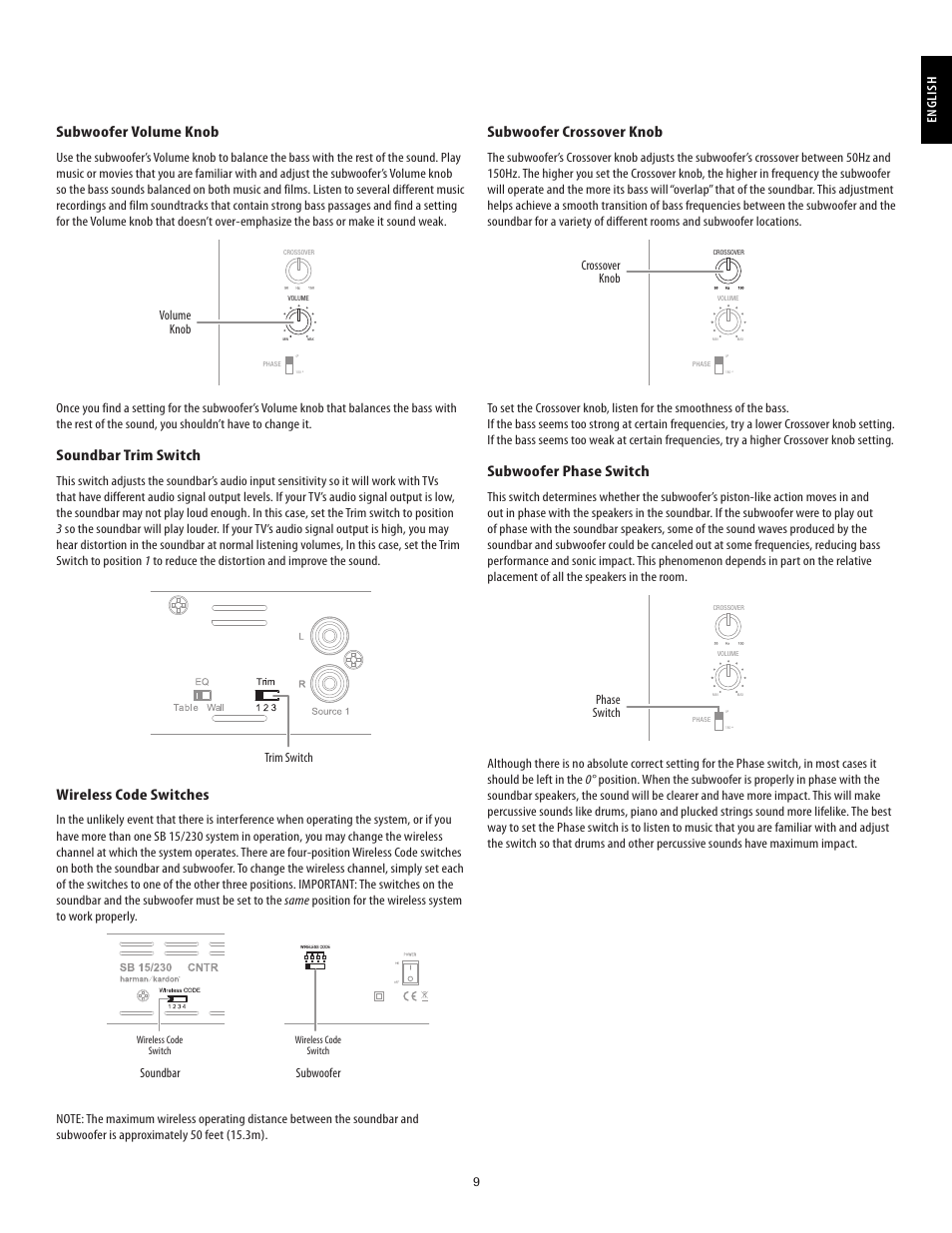 Subwoofer volume knob, Soundbar trim switch, Wireless code switches | Subwoofer crossover knob, Subwoofer phase switch, English | Harman-Kardon SB15/230 User Manual | Page 9 / 12
