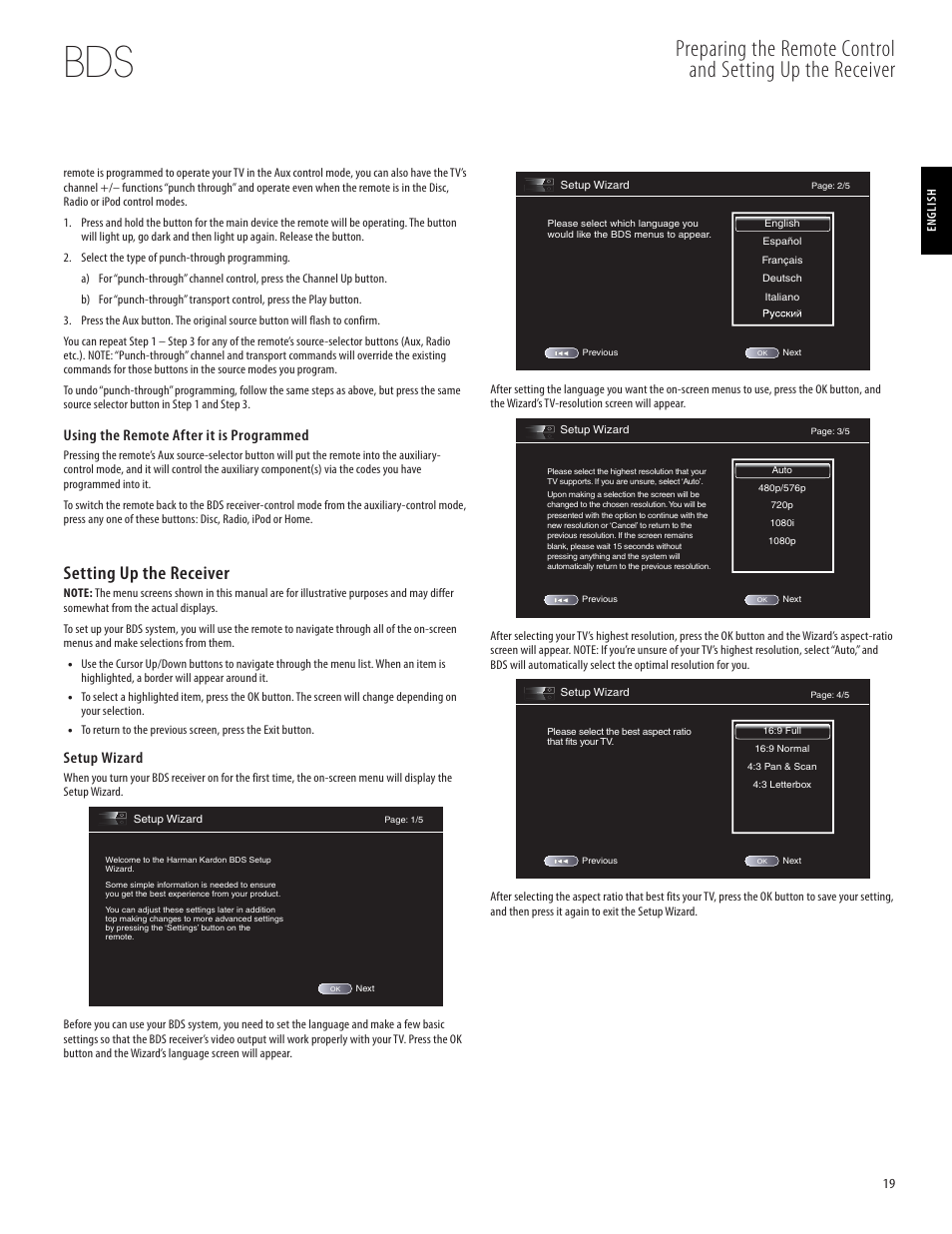 Setting up the receiver, Setup wizard, Using the remote after it is programmed | Harman-Kardon 950-0321-001 User Manual | Page 19 / 38