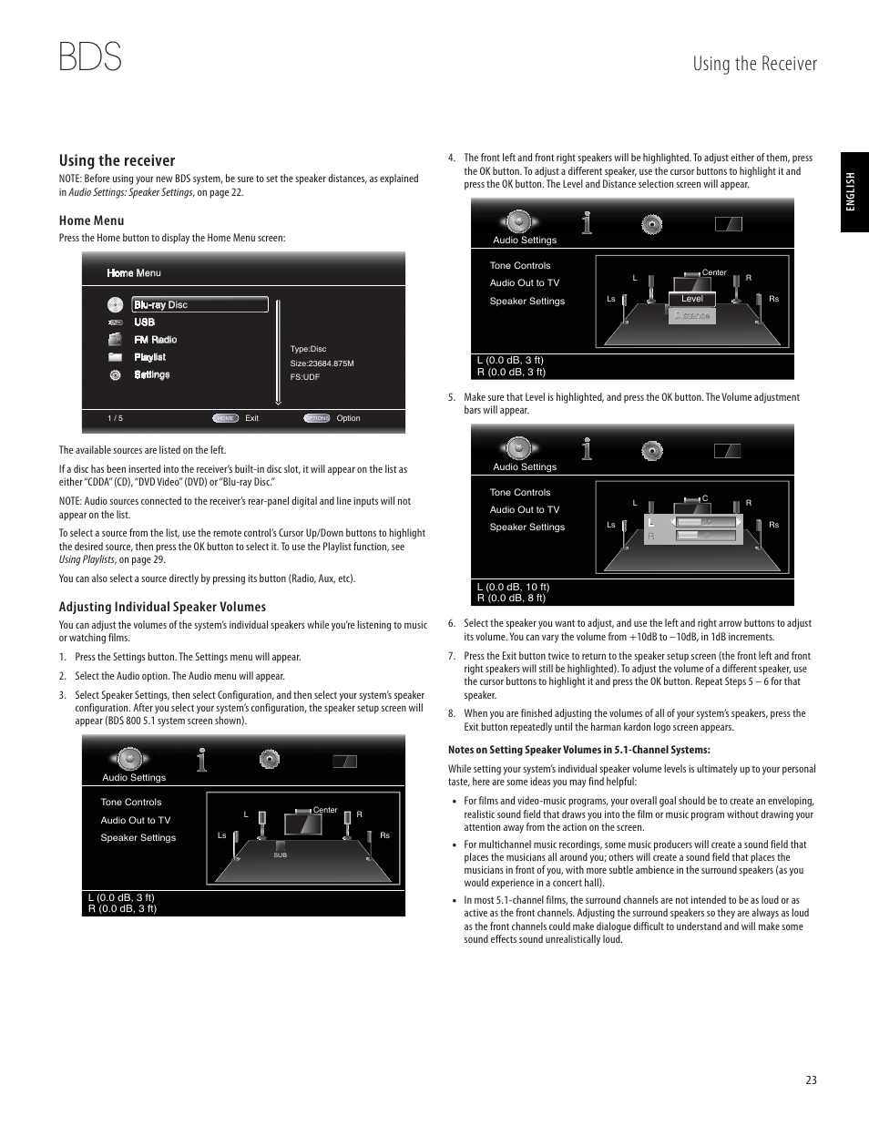 Using the receiver, Home menu, Adjusting individual speaker volumes | Harman-Kardon 950-0321-001 User Manual | Page 23 / 38