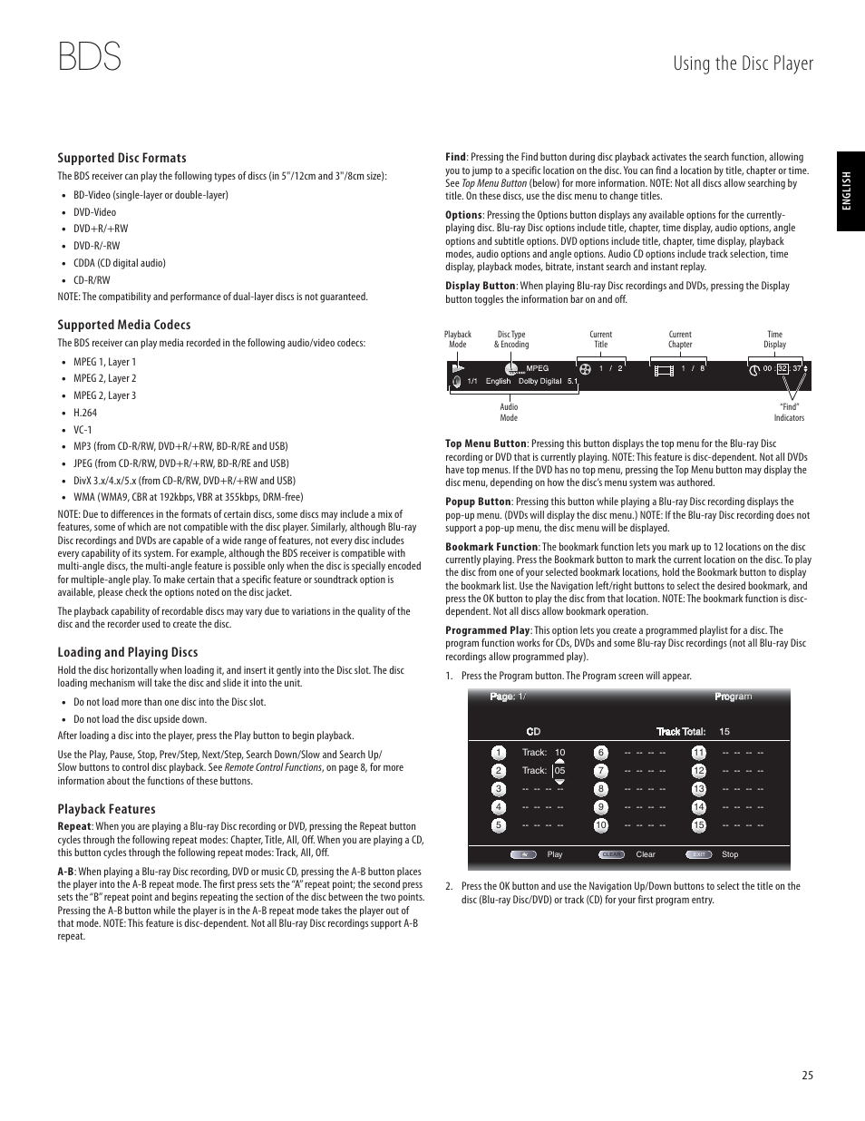 Using the disc player, Supported disc formats, Supported media codecs | Loading and playing discs, Playback features | Harman-Kardon 950-0321-001 User Manual | Page 25 / 38