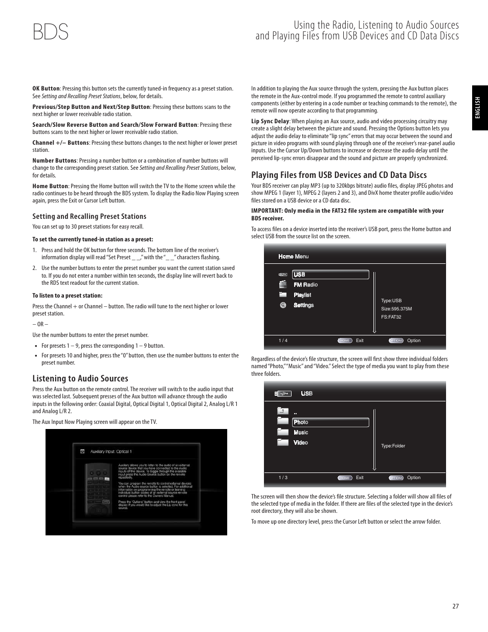 Listening to audio sources, Playing files from usb devices and cd data discs | Harman-Kardon 950-0321-001 User Manual | Page 27 / 38