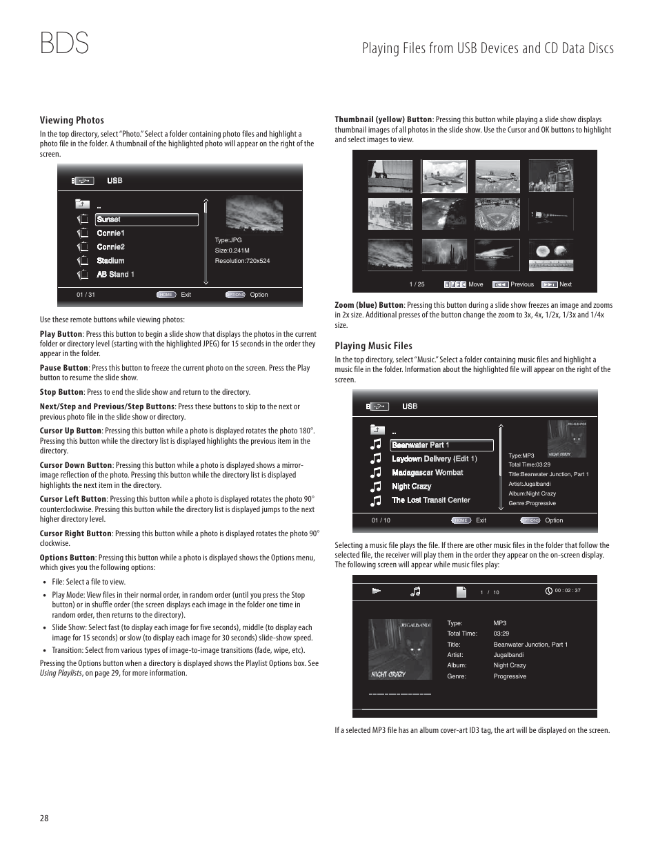 Playing files from usb devices and cd data discs, Viewing photos, Playing music files | Harman-Kardon 950-0321-001 User Manual | Page 28 / 38