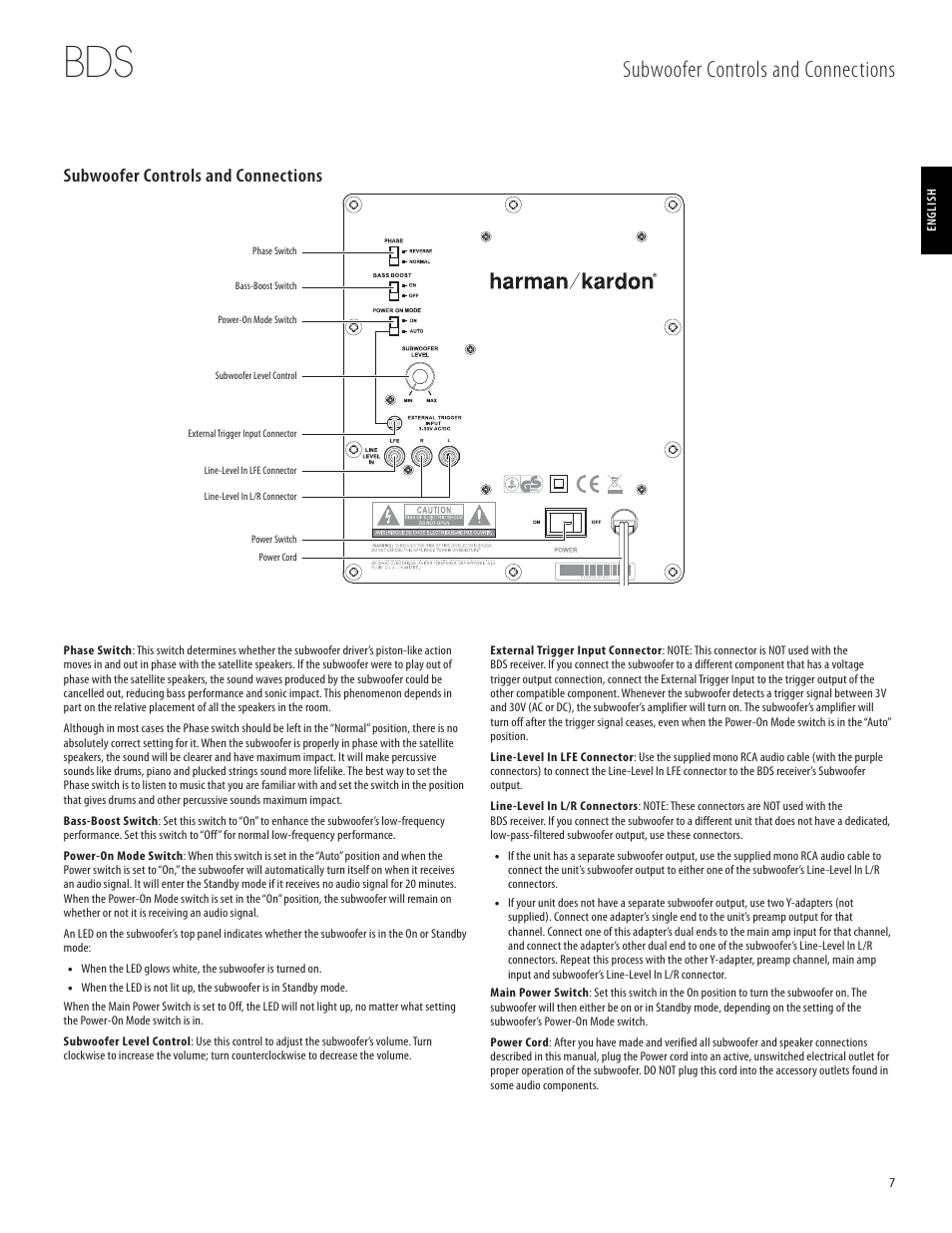 Subwoofer controls and connections | Harman-Kardon 950-0321-001 User Manual | Page 7 / 38