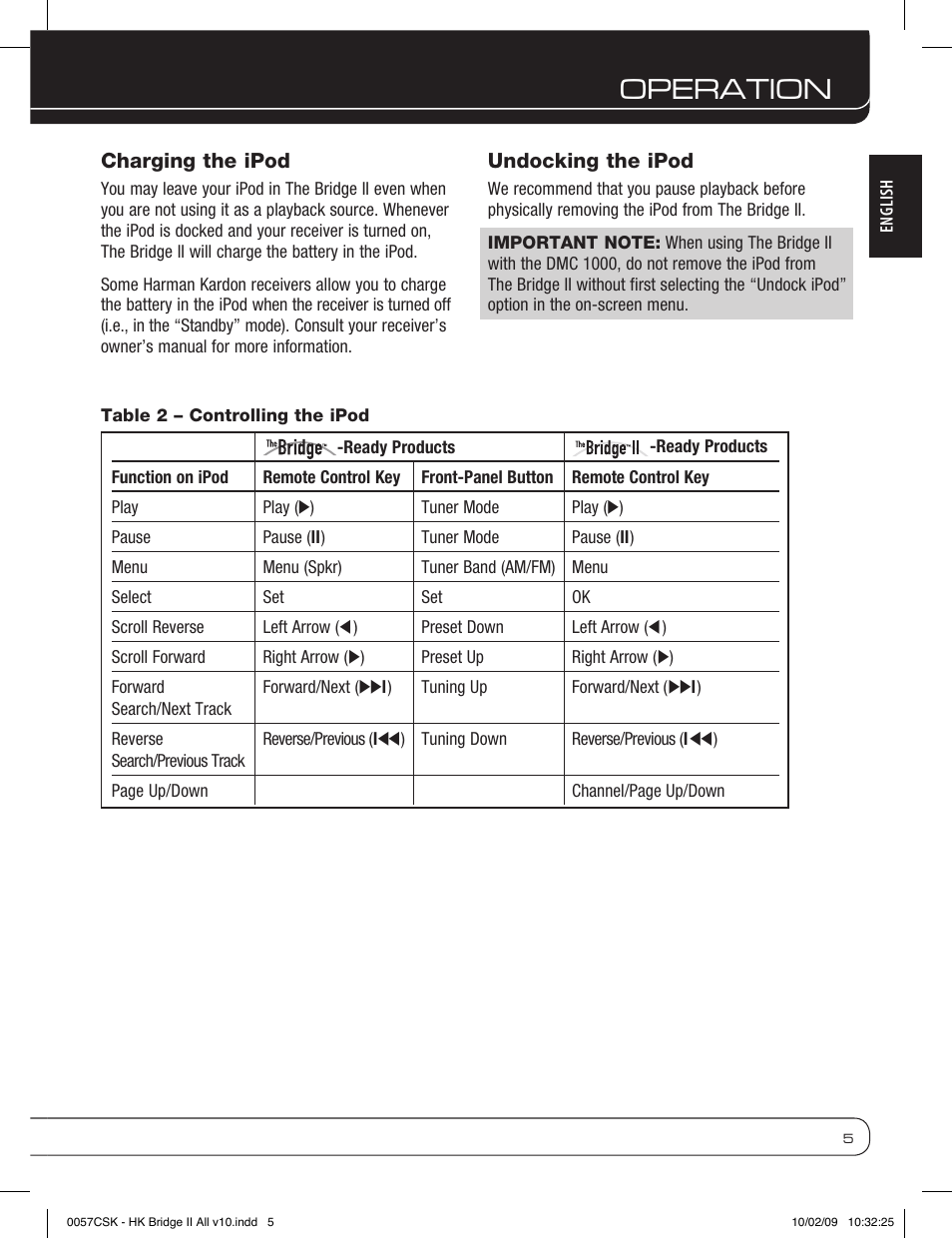 Operation, Charging the ipod, Undocking the ipod | Harman-Kardon MP3 Docking Station User Manual | Page 5 / 8