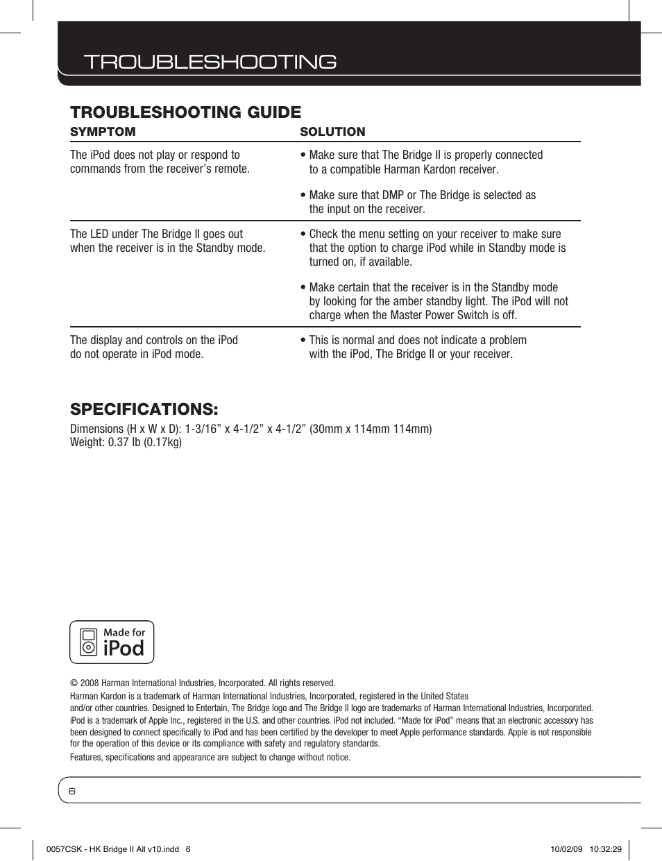 Troubleshooting, Specifications, Troubleshooting guide | Harman-Kardon MP3 Docking Station User Manual | Page 6 / 8