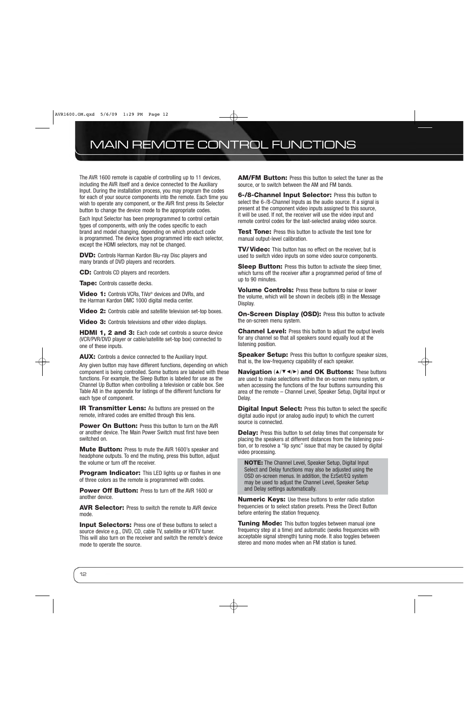 Main remote control functions | Harman-Kardon AVR 1600 User Manual | Page 12 / 54