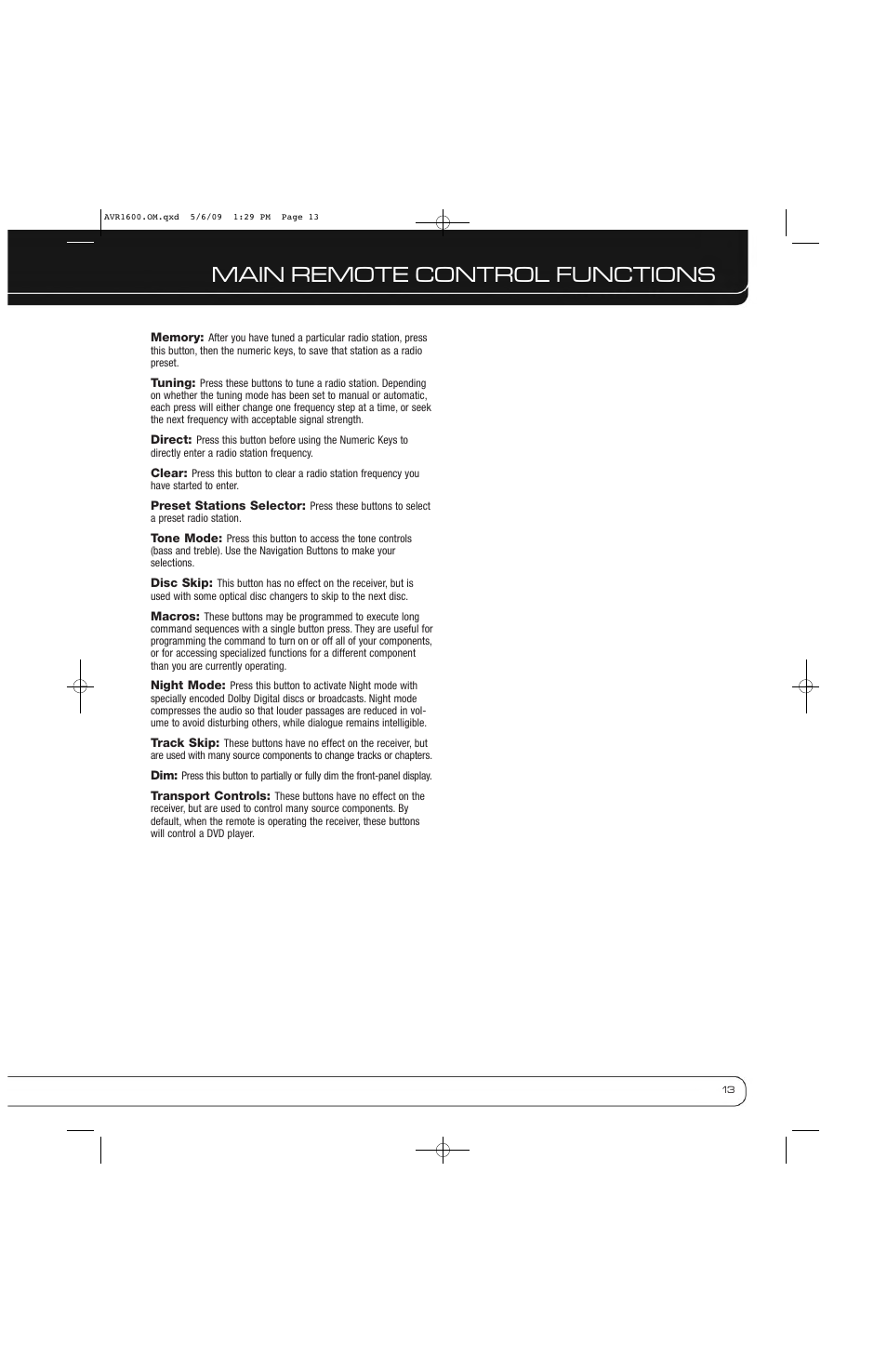 Main remote control functions | Harman-Kardon AVR 1600 User Manual | Page 13 / 54