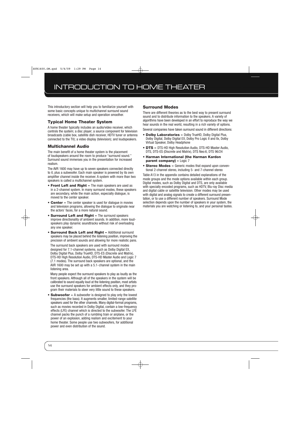 Introduction to home theater | Harman-Kardon AVR 1600 User Manual | Page 14 / 54