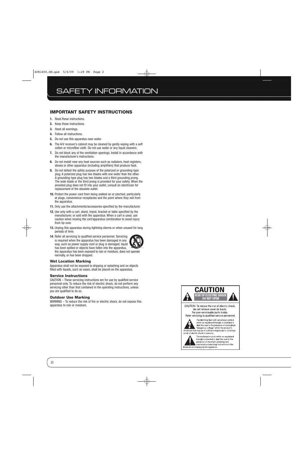 Safety information | Harman-Kardon AVR 1600 User Manual | Page 2 / 54