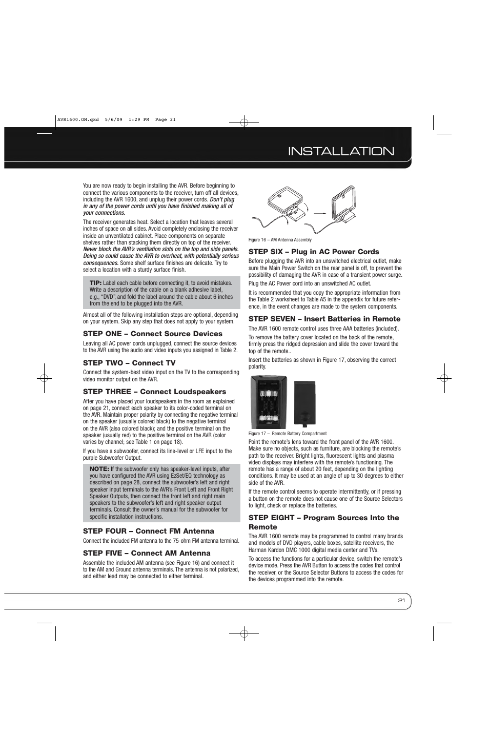 Installation | Harman-Kardon AVR 1600 User Manual | Page 21 / 54