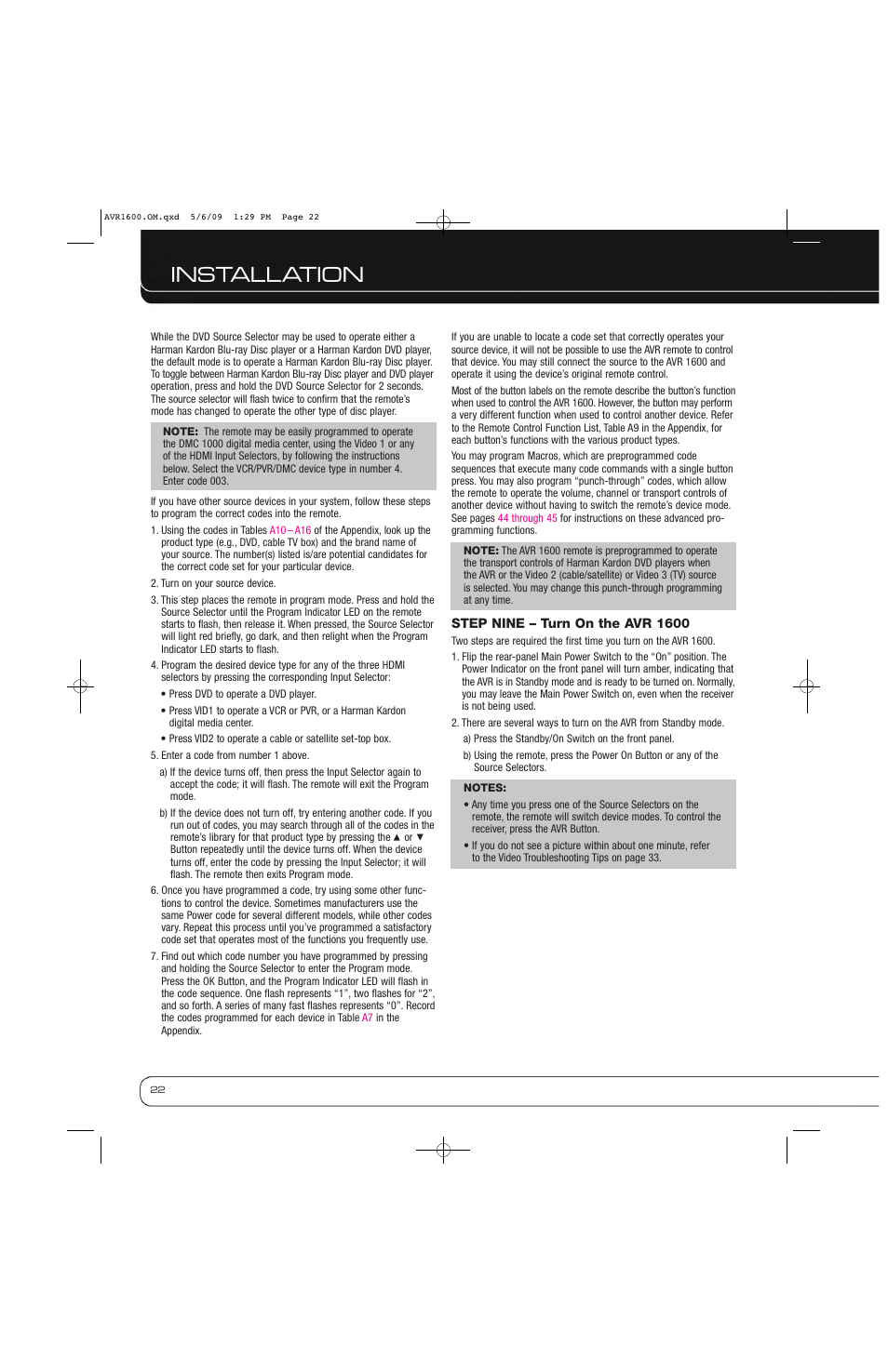 Installation | Harman-Kardon AVR 1600 User Manual | Page 22 / 54
