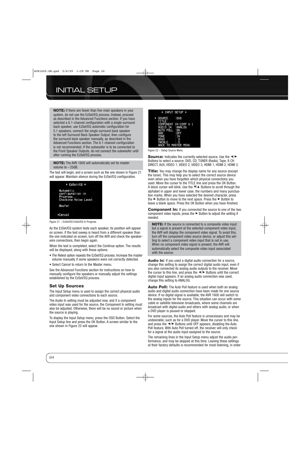 Initial setup | Harman-Kardon AVR 1600 User Manual | Page 24 / 54