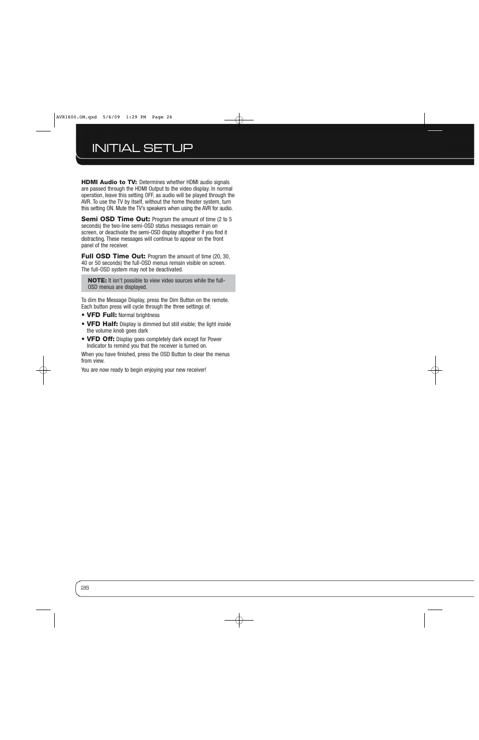 Initial setup | Harman-Kardon AVR 1600 User Manual | Page 26 / 54