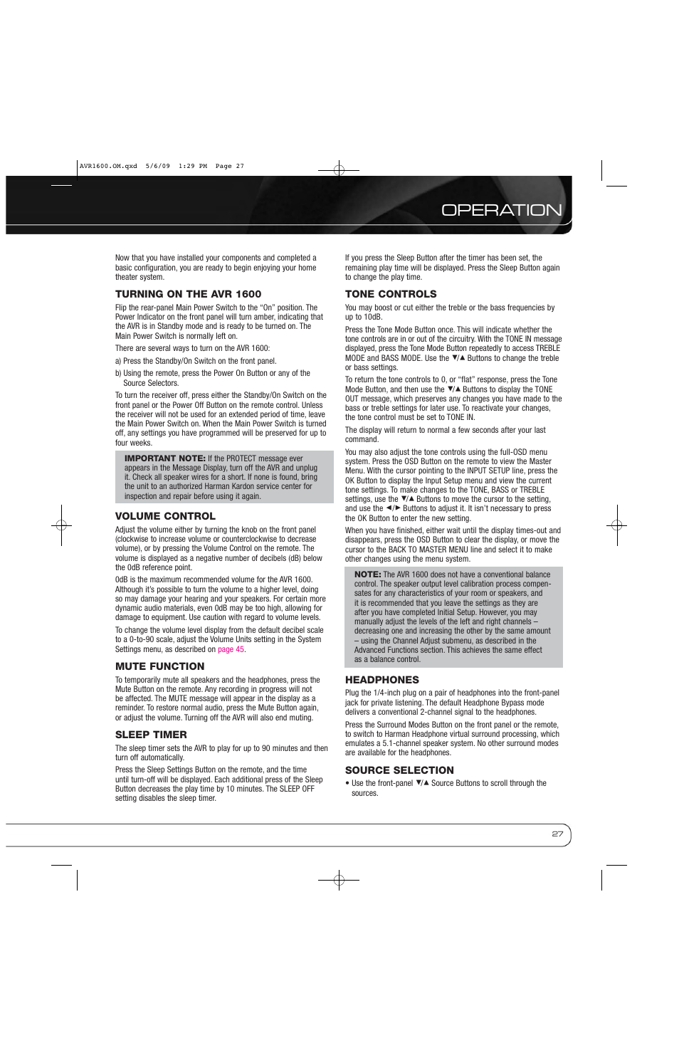 Operation | Harman-Kardon AVR 1600 User Manual | Page 27 / 54