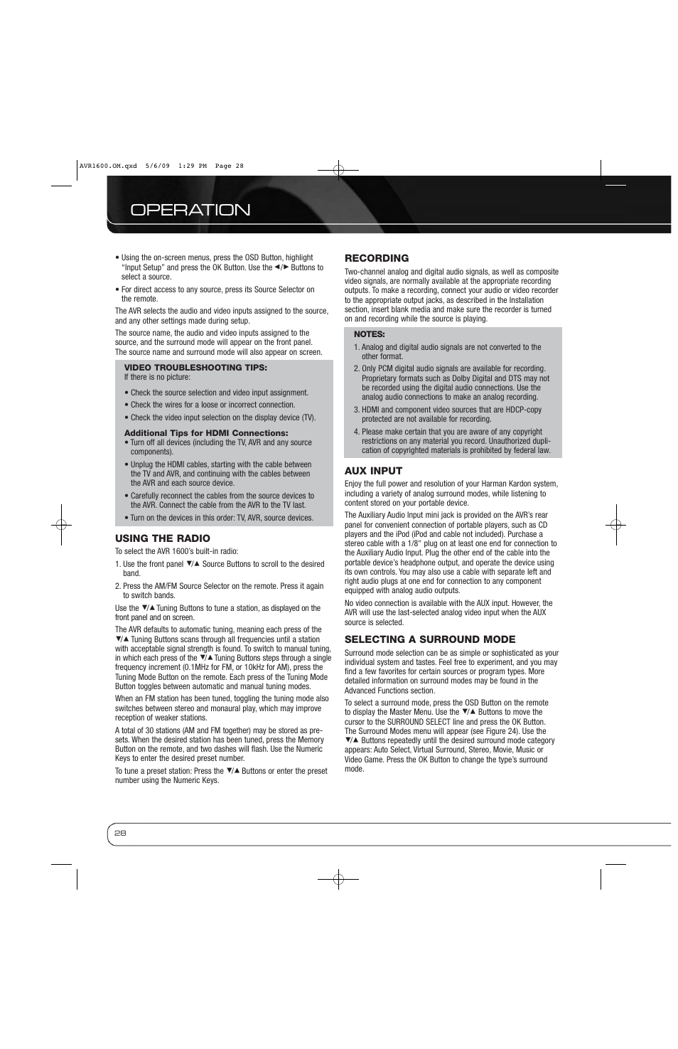Operation | Harman-Kardon AVR 1600 User Manual | Page 28 / 54