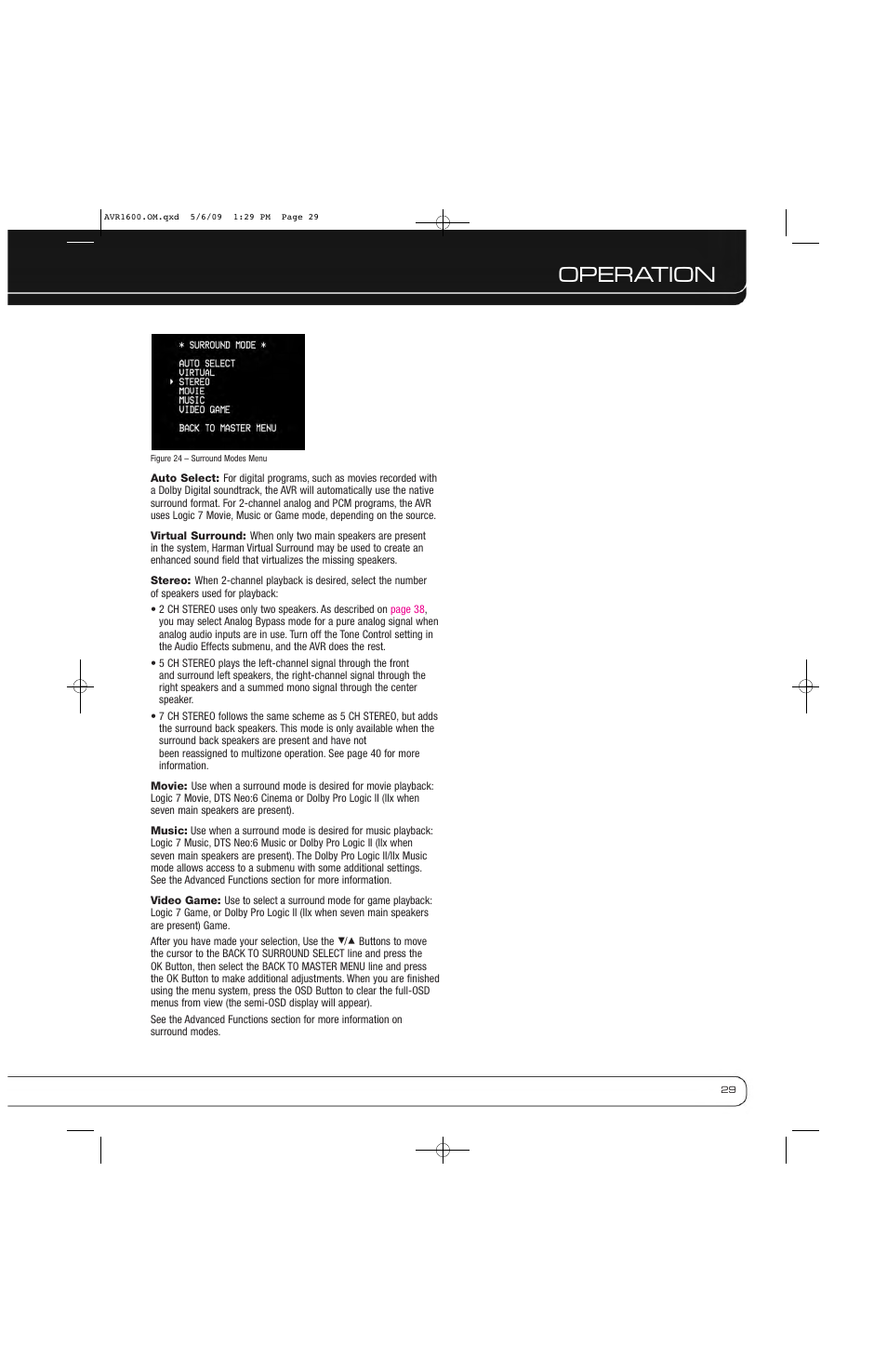 Operation | Harman-Kardon AVR 1600 User Manual | Page 29 / 54