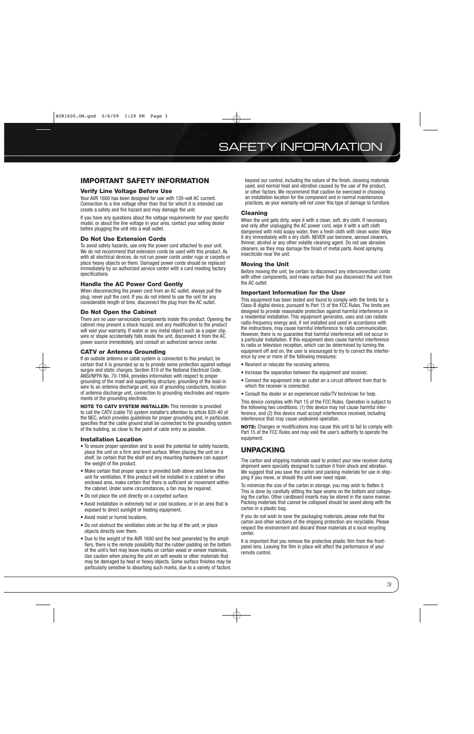 Safety information | Harman-Kardon AVR 1600 User Manual | Page 3 / 54