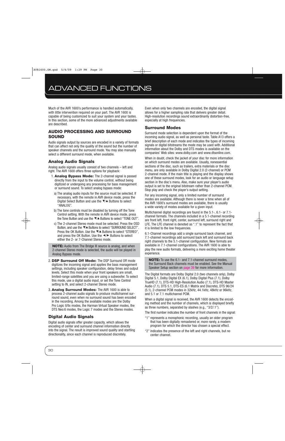 Advanced functions | Harman-Kardon AVR 1600 User Manual | Page 30 / 54