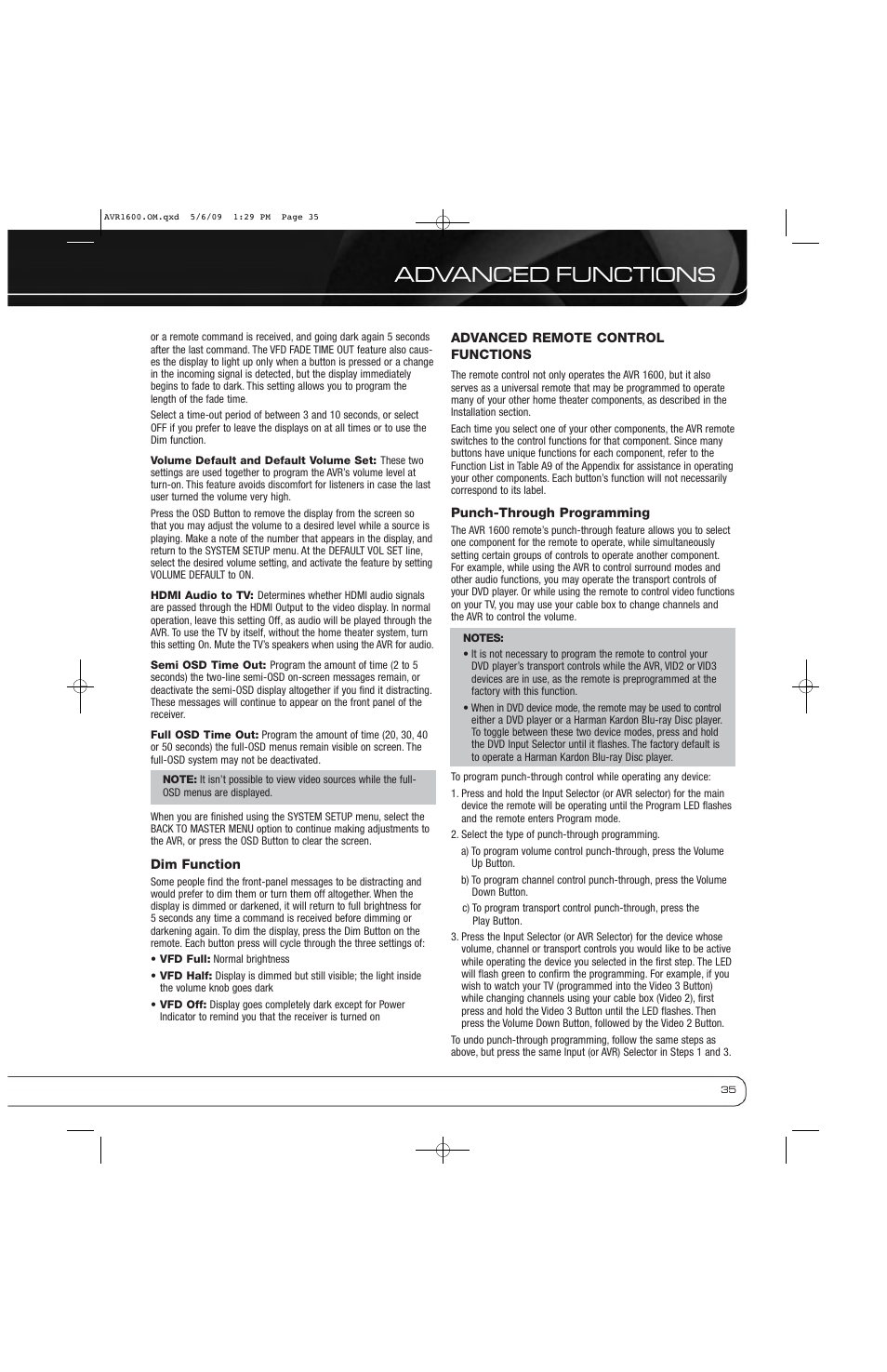 Advanced functions | Harman-Kardon AVR 1600 User Manual | Page 35 / 54