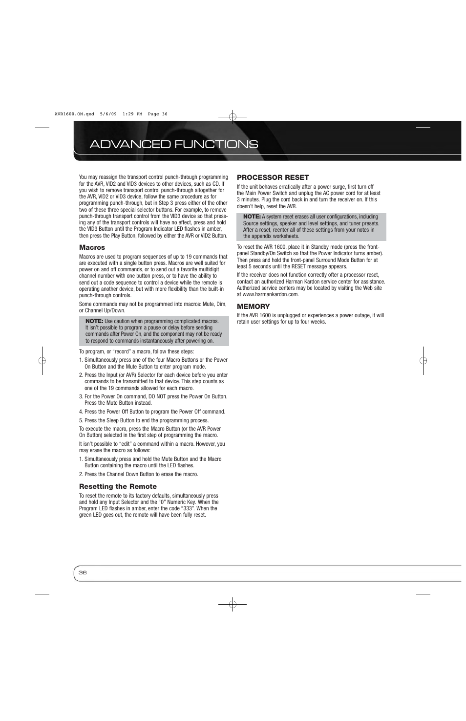 Advanced functions | Harman-Kardon AVR 1600 User Manual | Page 36 / 54