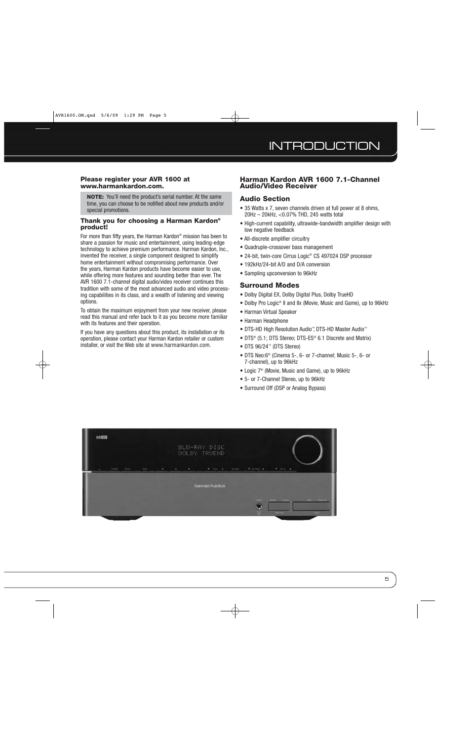 Introduction | Harman-Kardon AVR 1600 User Manual | Page 5 / 54