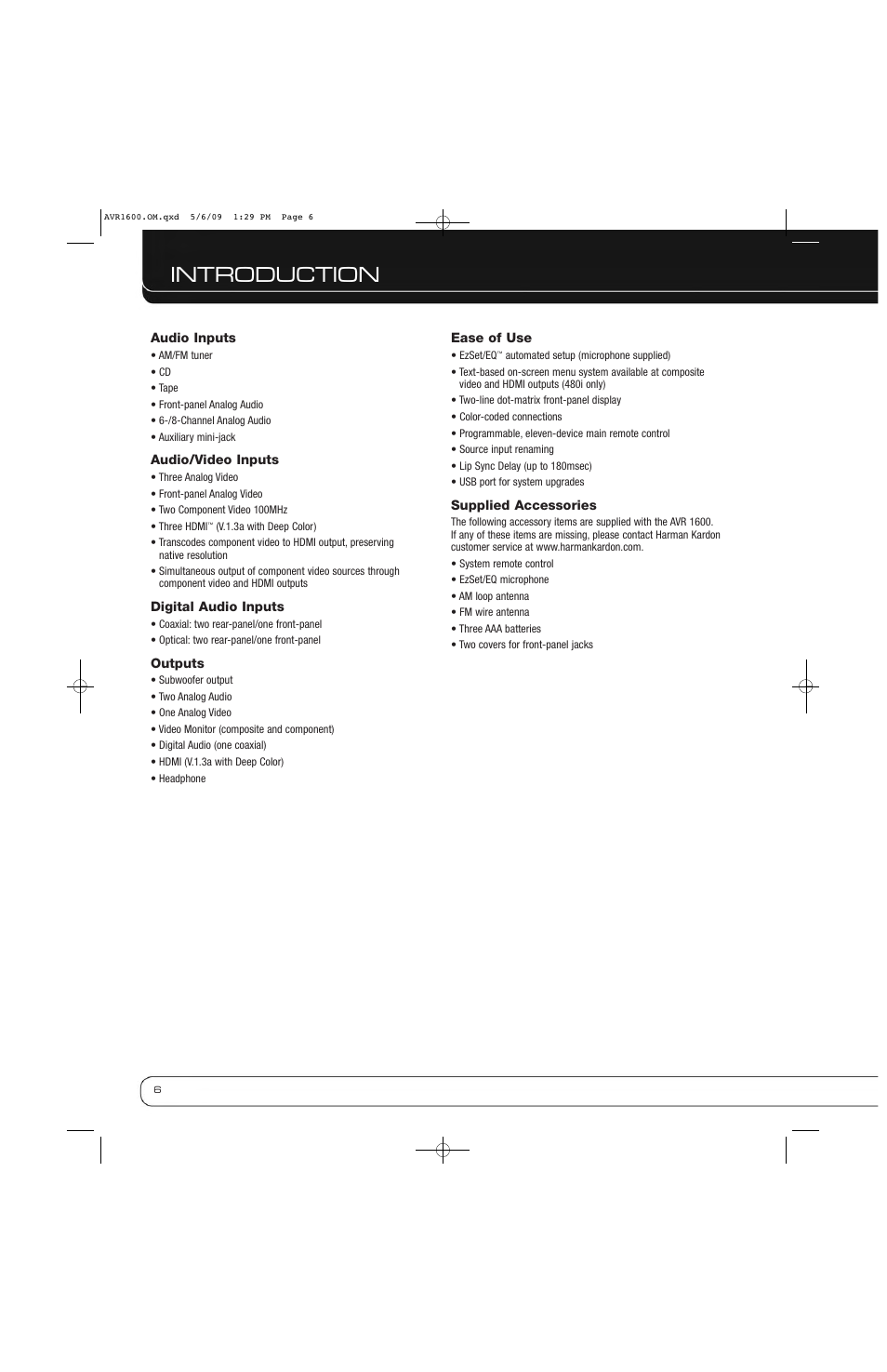 Introduction | Harman-Kardon AVR 1600 User Manual | Page 6 / 54