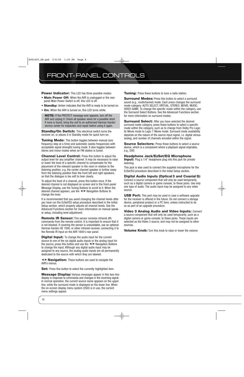 Front- panel controls | Harman-Kardon AVR 1600 User Manual | Page 8 / 54