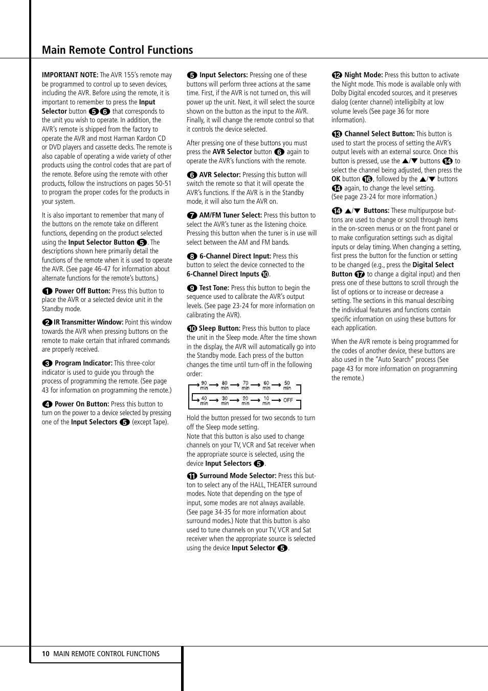 Main remote control functions | Harman-Kardon AVR 155 User Manual | Page 10 / 52