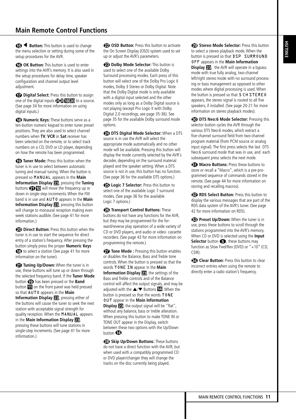 Main remote control functions | Harman-Kardon AVR 155 User Manual | Page 11 / 52