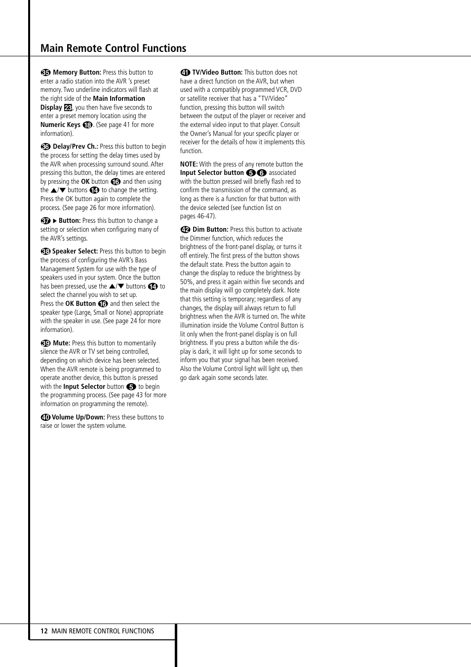 Main remote control functions | Harman-Kardon AVR 155 User Manual | Page 12 / 52