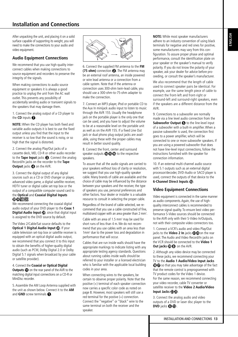 Installation and connections | Harman-Kardon AVR 155 User Manual | Page 13 / 52