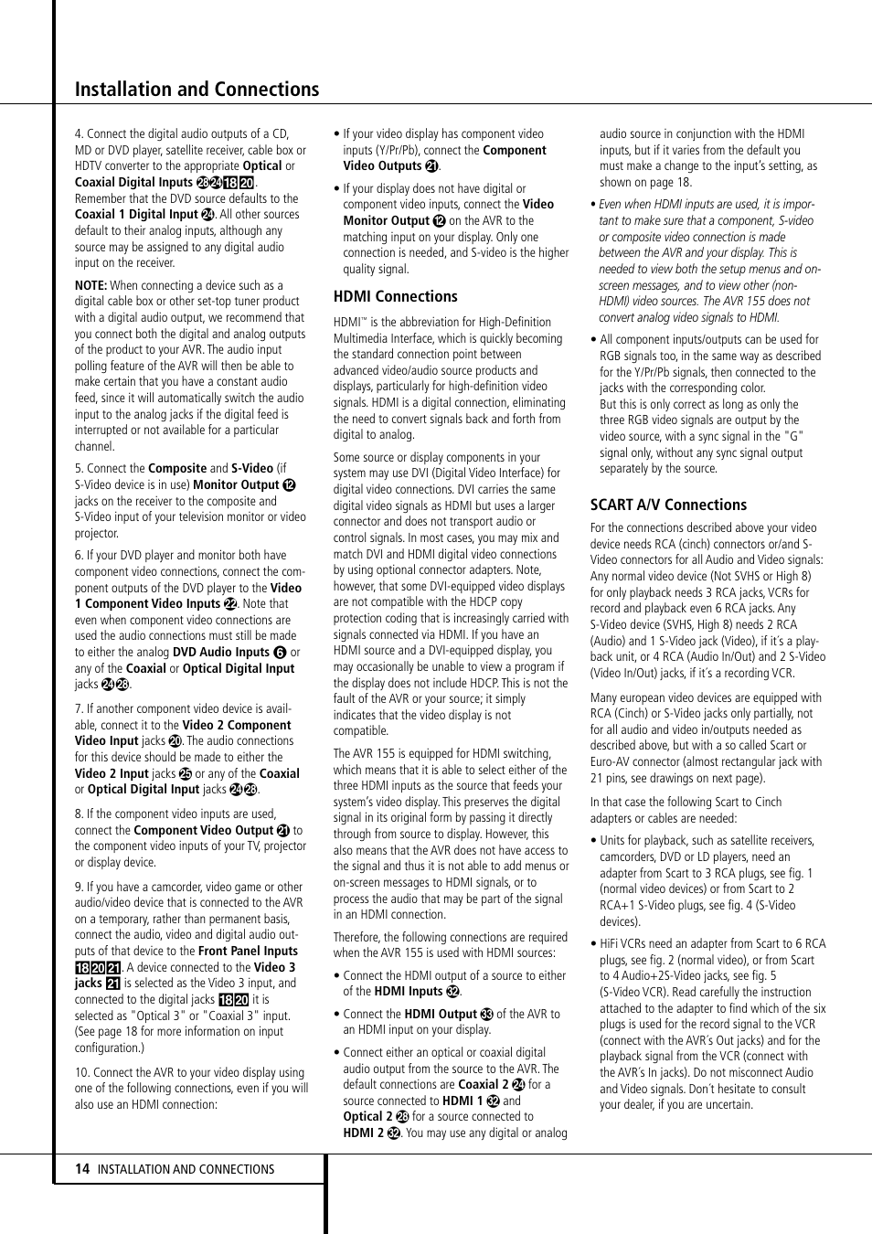 Installation and connections | Harman-Kardon AVR 155 User Manual | Page 14 / 52