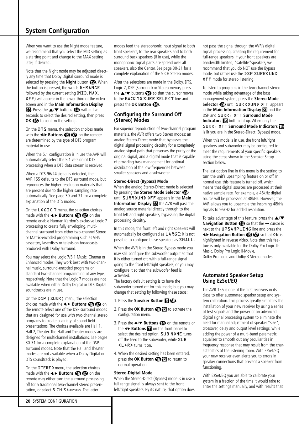 System configuration, Configuring the surround off (stereo) modes, Automated speaker setup using ezset/eq | Harman-Kardon AVR 155 User Manual | Page 20 / 52