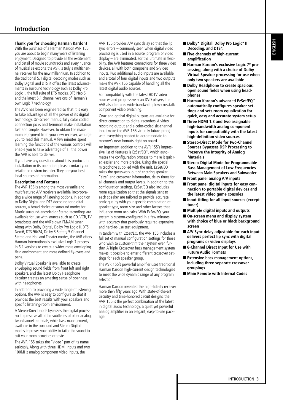 Introduction | Harman-Kardon AVR 155 User Manual | Page 3 / 52