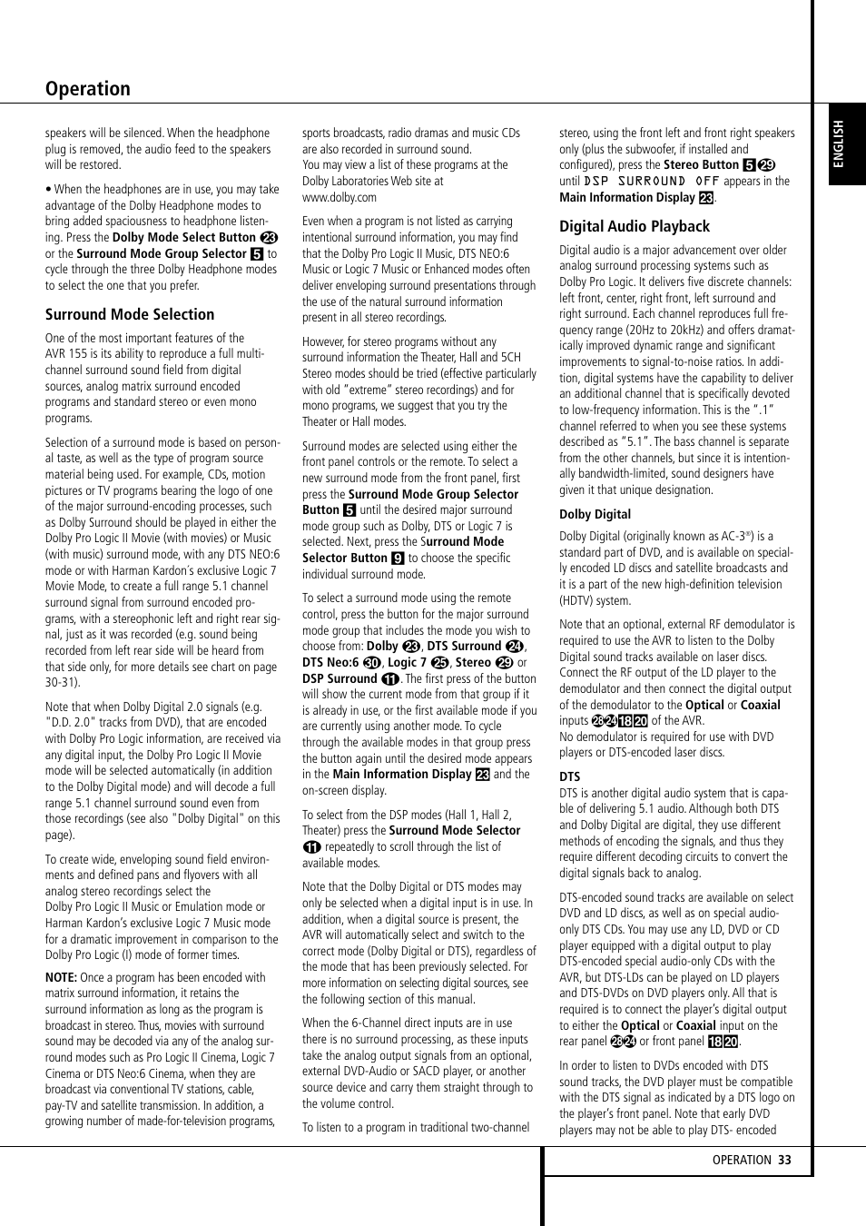 Operation | Harman-Kardon AVR 155 User Manual | Page 33 / 52