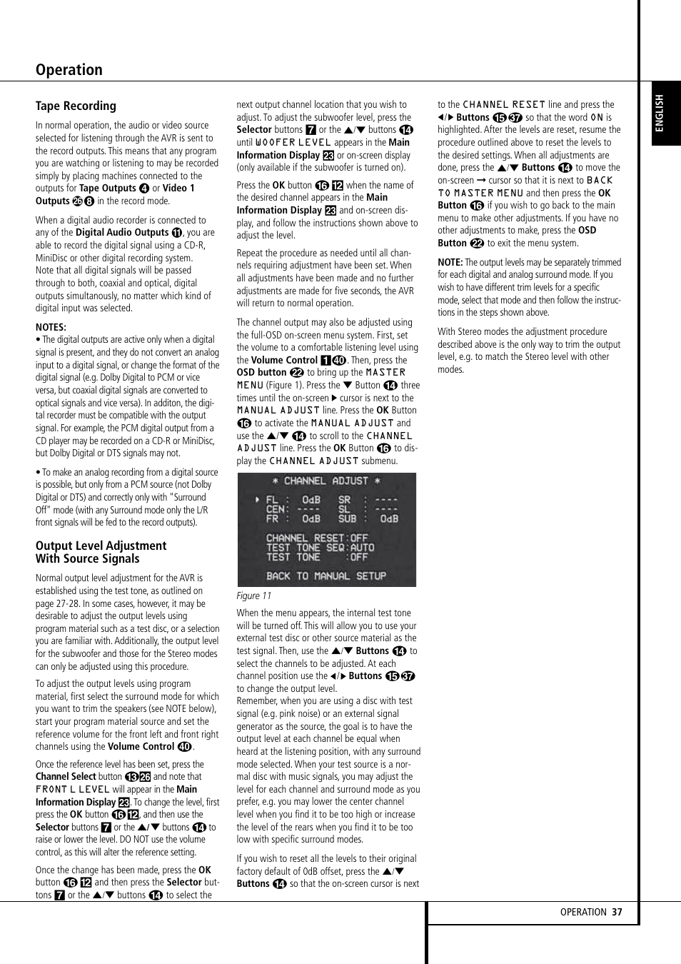 Operation, Tape recording, Output level adjustment with source signals | Harman-Kardon AVR 155 User Manual | Page 37 / 52