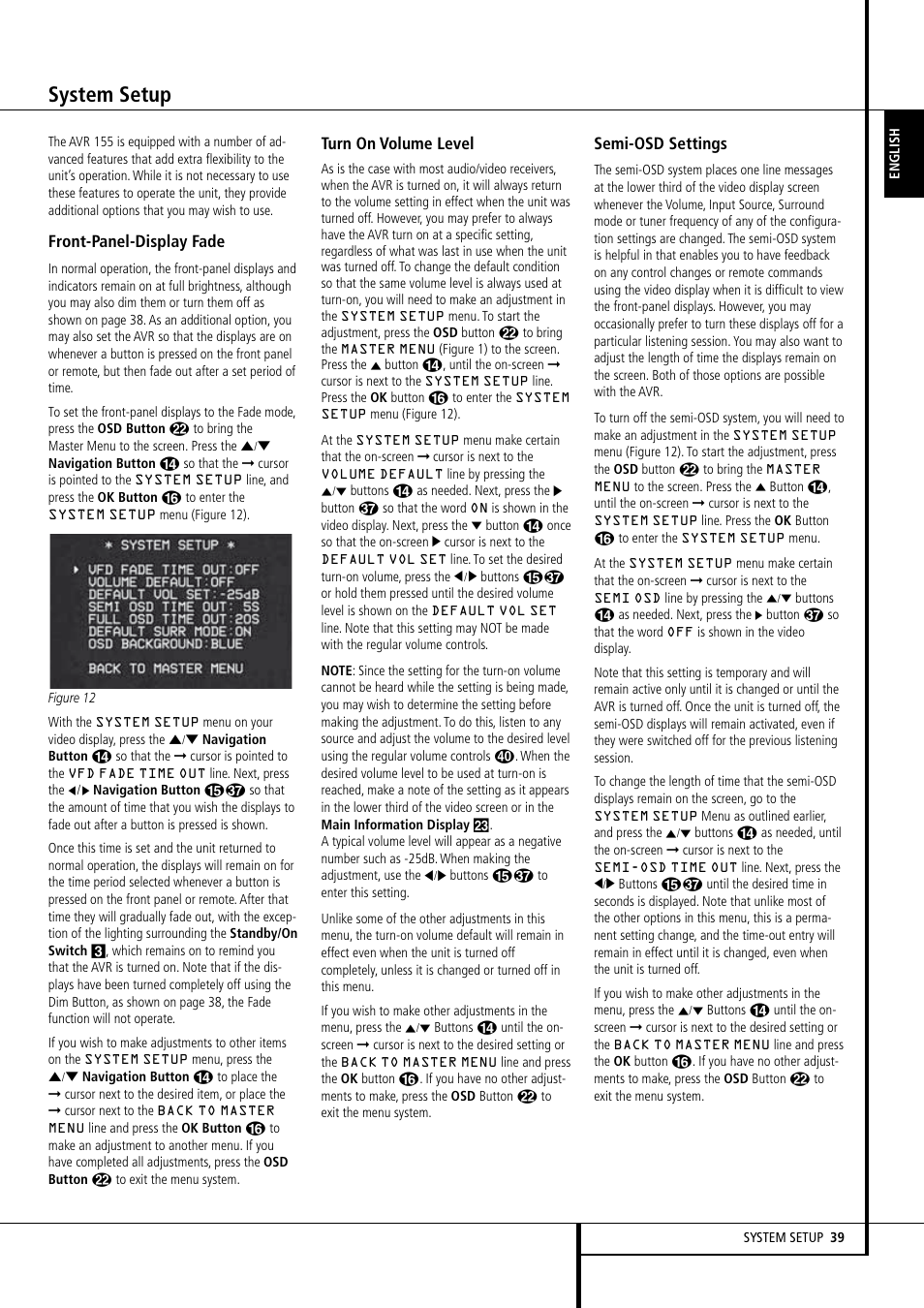 System setup, Front-panel-display fade, Turn on volume level | Semi-osd settings | Harman-Kardon AVR 155 User Manual | Page 39 / 52