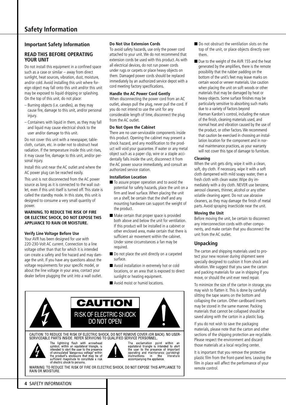Safety information | Harman-Kardon AVR 155 User Manual | Page 4 / 52