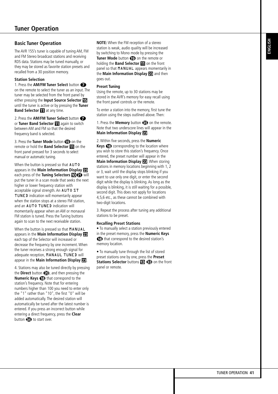 Tuner operation | Harman-Kardon AVR 155 User Manual | Page 41 / 52