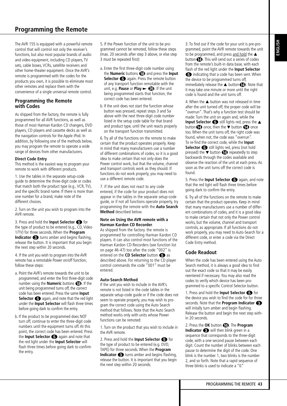 Programming the remote | Harman-Kardon AVR 155 User Manual | Page 43 / 52