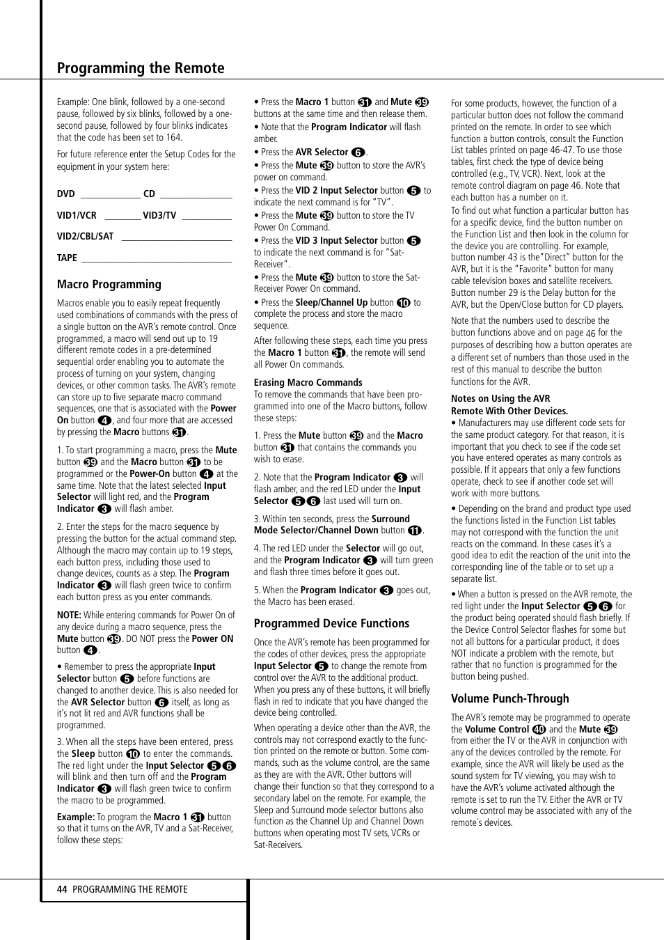 Programming the remote | Harman-Kardon AVR 155 User Manual | Page 44 / 52
