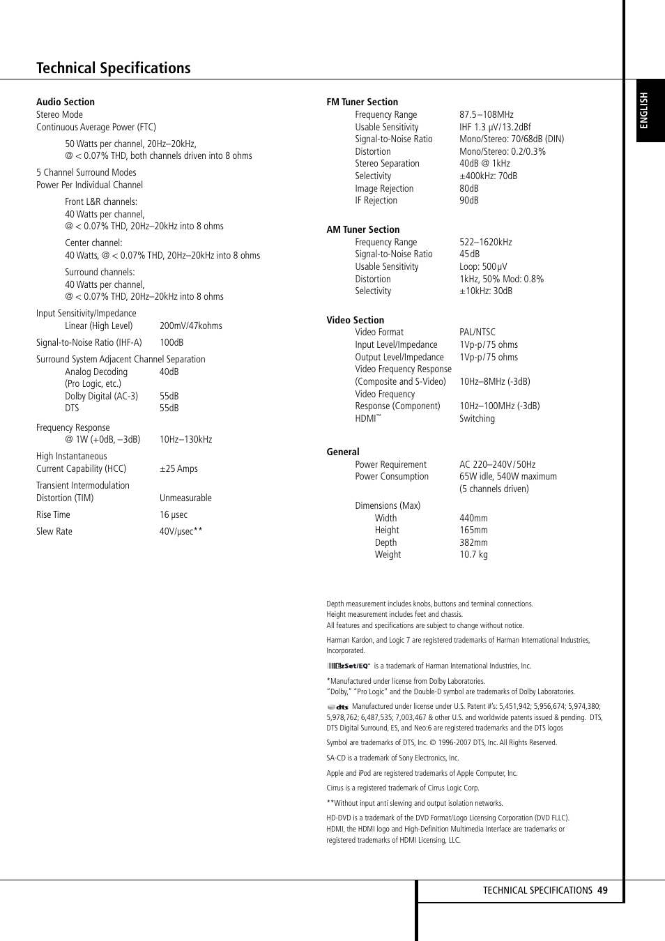 Technical specifications | Harman-Kardon AVR 155 User Manual | Page 49 / 52