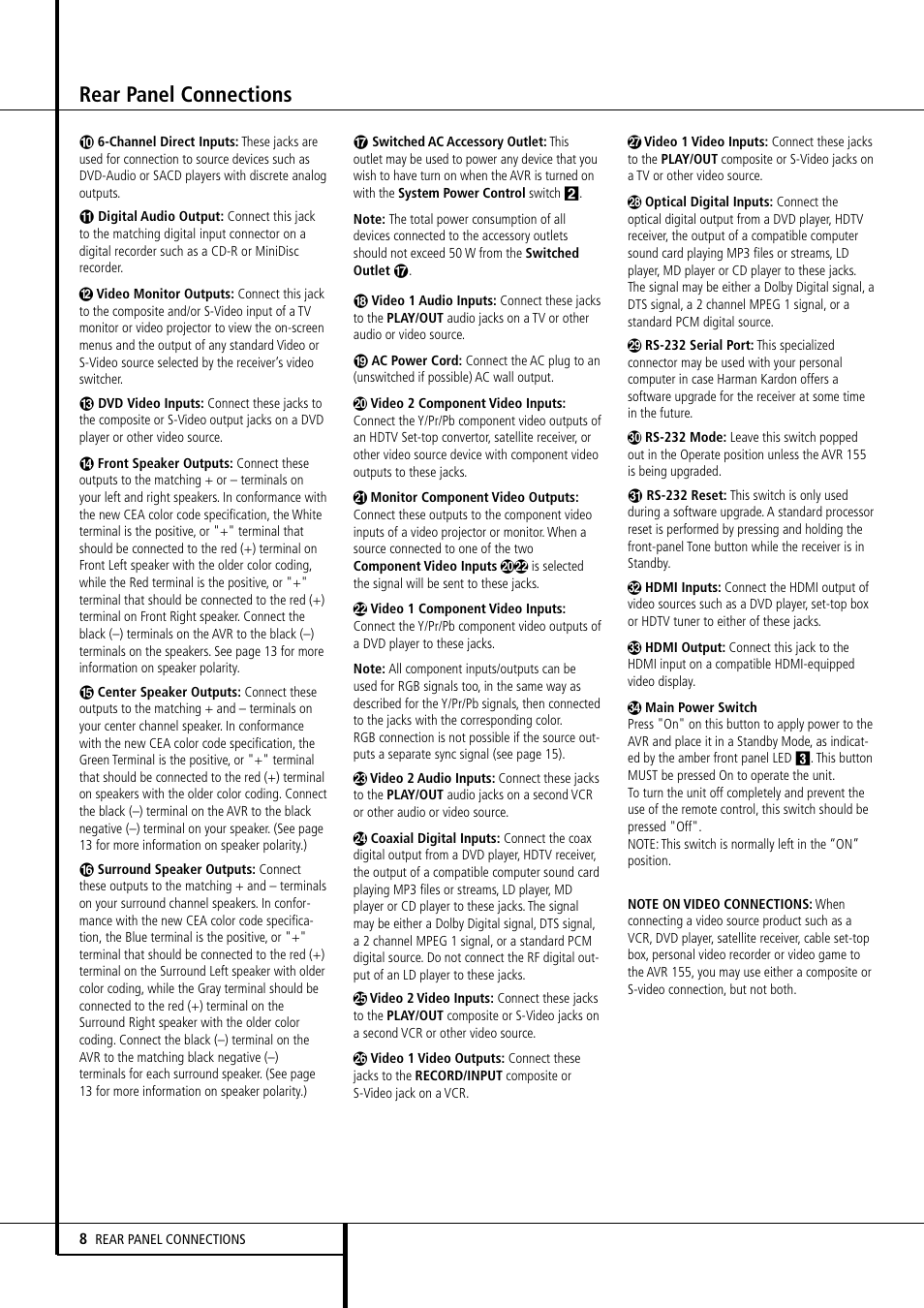 Rear panel connections | Harman-Kardon AVR 155 User Manual | Page 8 / 52