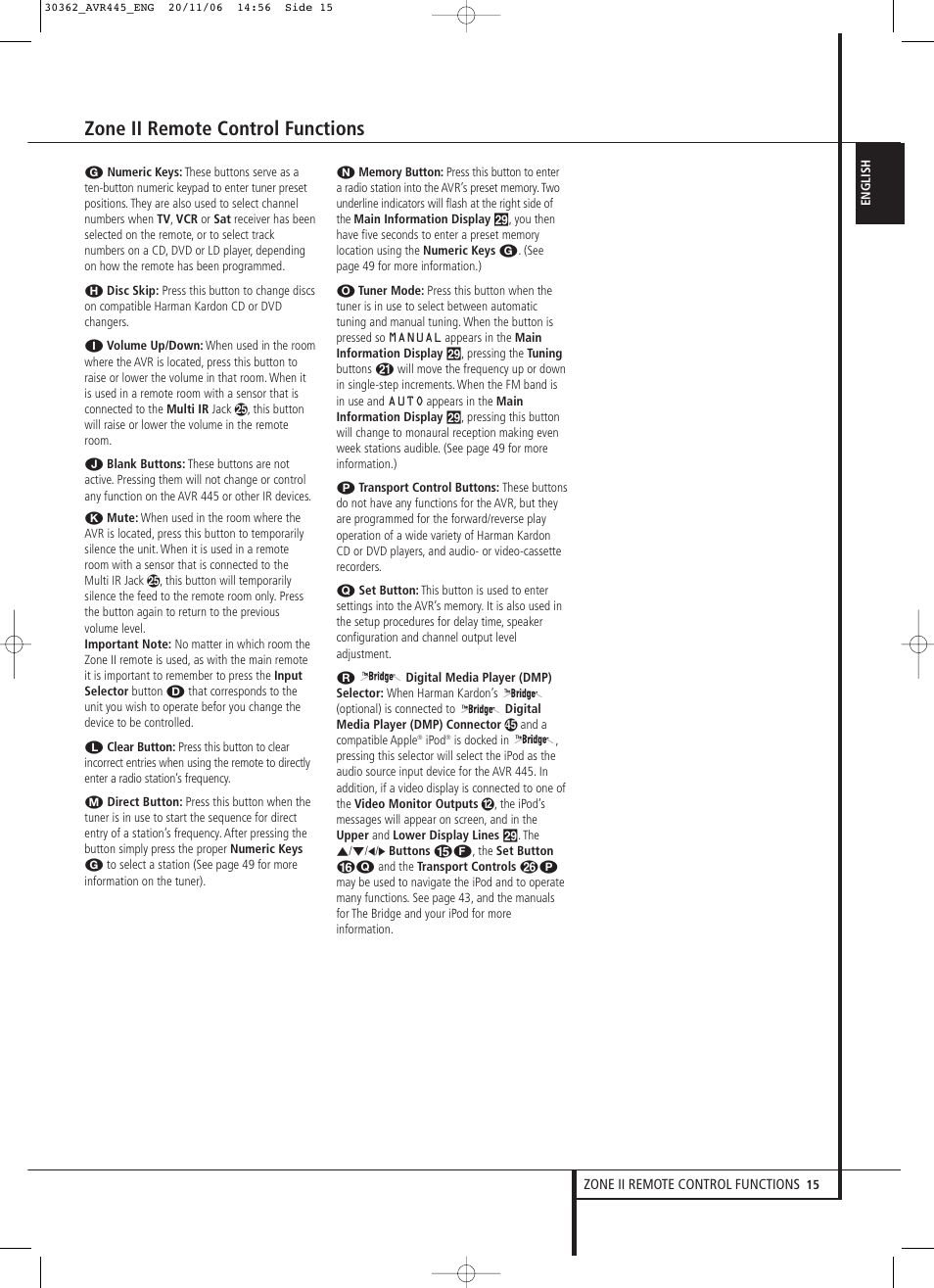 Zone ii remote control functions | Harman-Kardon AVR 445 User Manual | Page 15 / 66